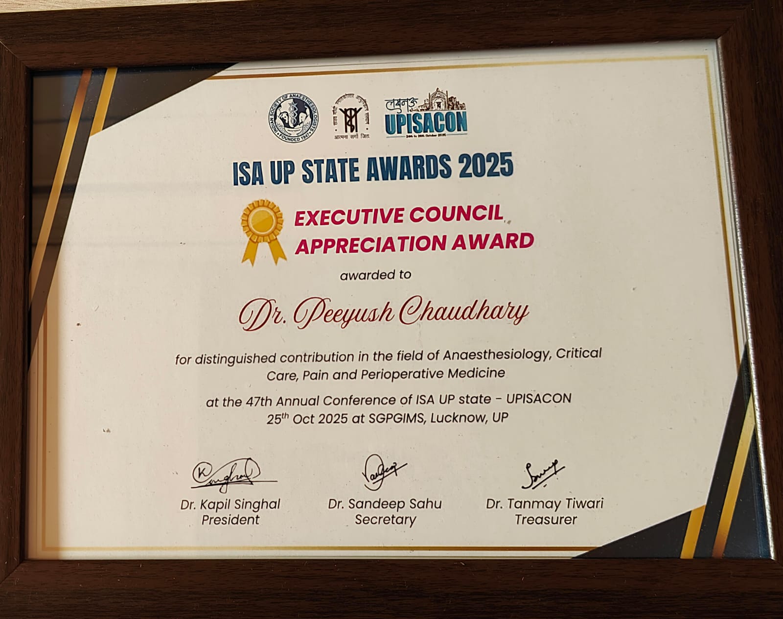 Executive Council Appreciation Award to Dr Peeyush Chaudhary